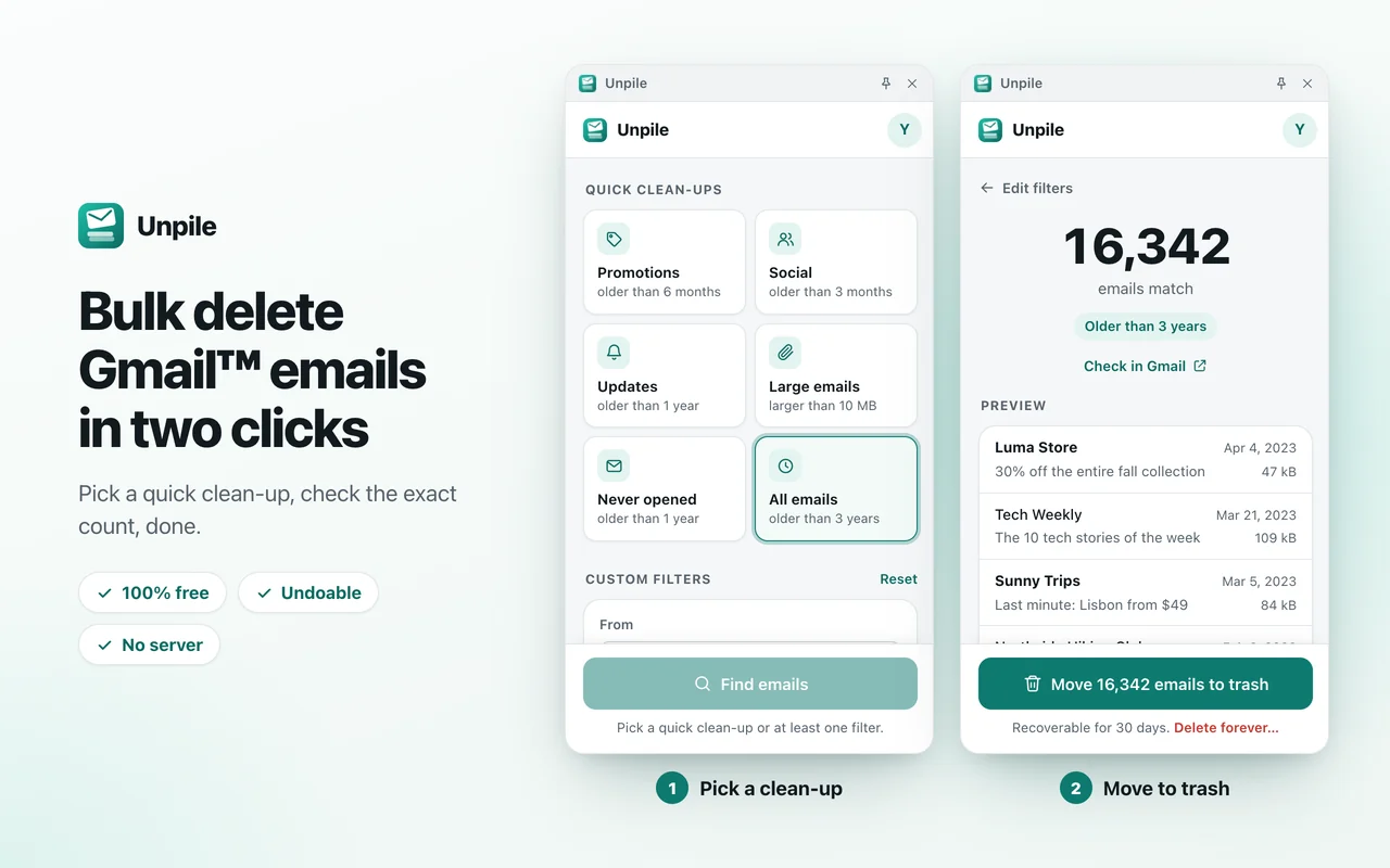 The Unpile panel open in Chrome, with quick clean-ups such as old promotions, social notifications and large emails