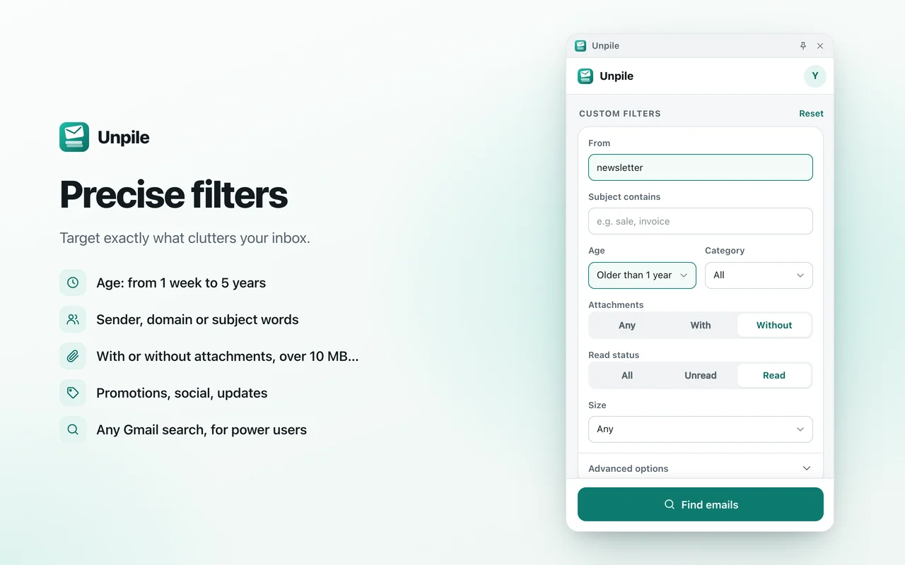 Unpile’s custom filters: sender, subject, age, category, attachments, read status and size