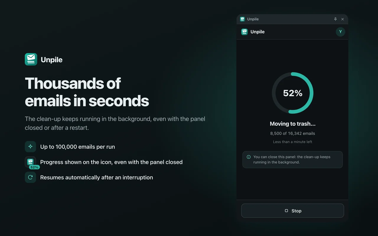 A clean-up in progress: progress bar, percentage and time left